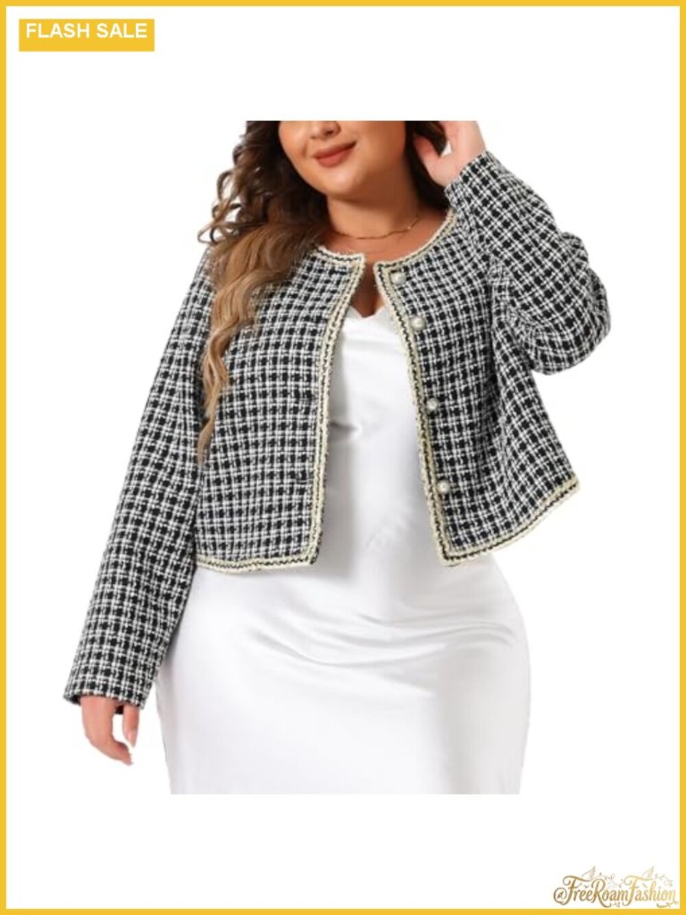 Plus Size Plaid Tweed Blazer Collarless Long Sleeve Open Front Work Jacket